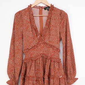 Admire You Orange Floral Print Ruffled Long Sleeve Mini Dress
